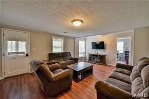 living room with hardwood / wood-style flooring and a textured ceiling