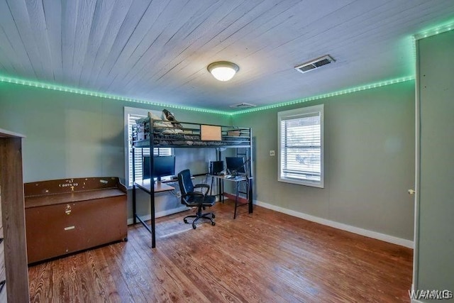 bedroom featuring wood ceiling and wood-type flooring