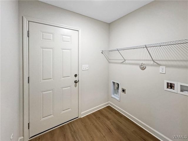 laundry room with laundry area, washer hookup, dark wood finished floors, baseboards, and hookup for an electric dryer