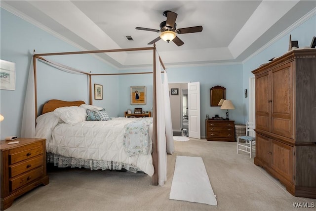 1137 Germantown Rd, Tuscaloosa, AL 35406 - bedroom with a tray ceiling, light colored carpet, ceiling fan, and crown molding