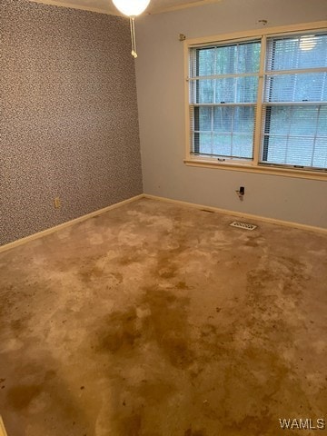 empty room with carpet flooring and crown molding