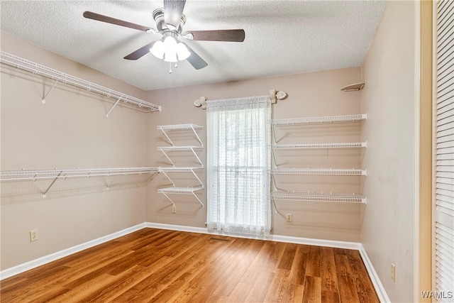 walk in closet featuring hardwood / wood-style floors and ceiling fan