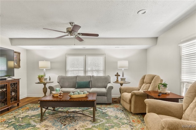 living room with hardwood / wood-style floors, plenty of natural light, ceiling fan, and a textured ceiling