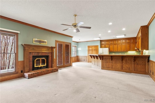 unfurnished living room featuring a textured ceiling, plenty of natural light, wainscoting, and light colored carpet