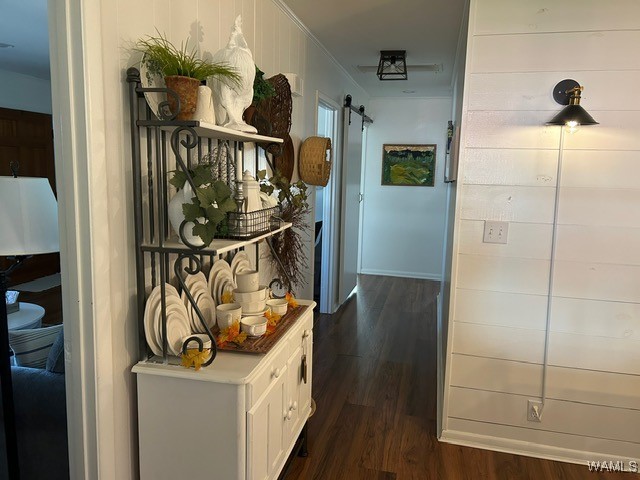 corridor with a barn door, dark wood-type flooring, and ornamental molding