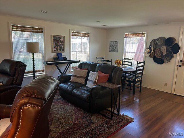 living room with plenty of natural light and dark hardwood / wood-style floors