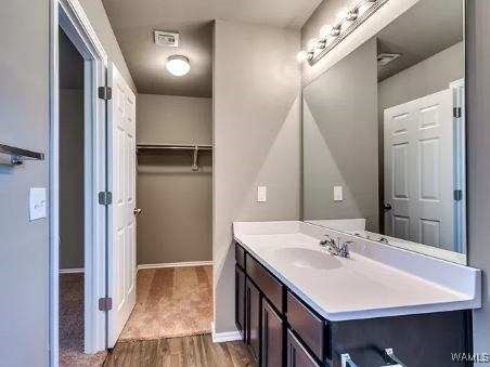 bathroom featuring vanity and hardwood / wood-style floors