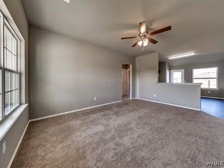 carpeted spare room featuring ceiling fan