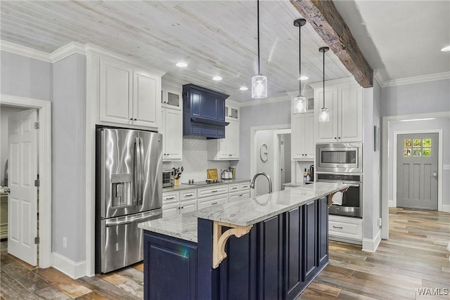 10649 Legacy Point Dr, Northport, AL 35475 - kitchen featuring appliances with stainless steel finishes, wood-type flooring, glass insert cabinets, white cabinets, and recessed lighting