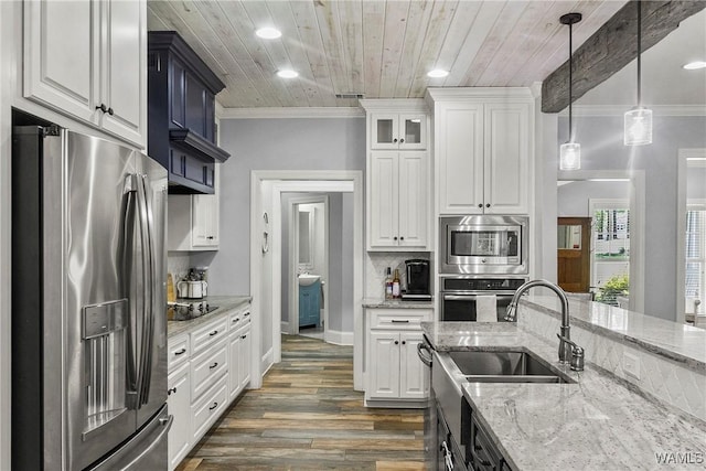 10649 Legacy Point Dr, Northport, AL 35475 - kitchen with appliances with stainless steel finishes, white cabinets, ornamental molding, wood ceiling, and dark wood-style flooring