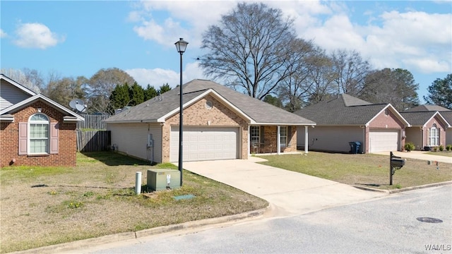 single story home with driveway, a front lawn, fence, a garage, and brick siding