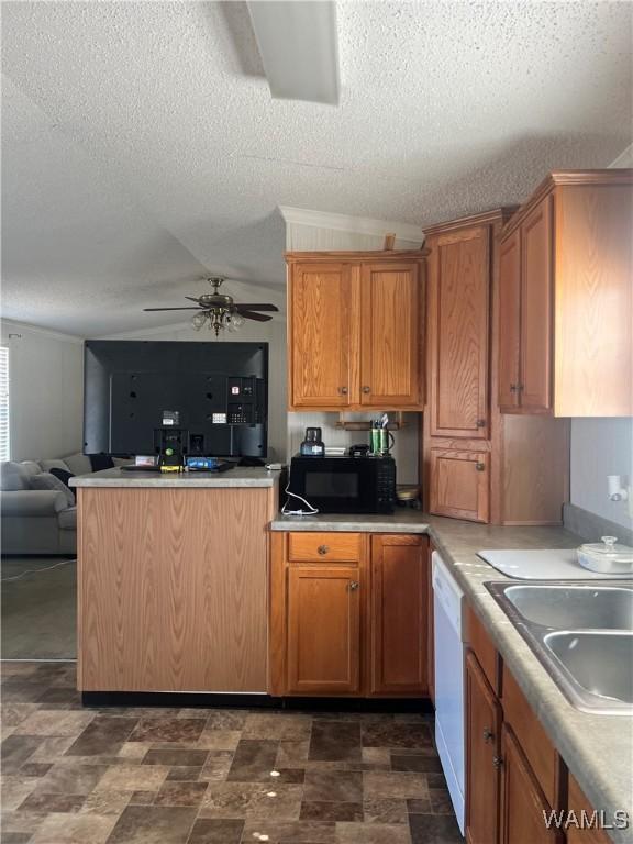 12443 Reed Simpson Rd, Northport, AL 35475 - kitchen featuring black microwave, dishwasher, a textured ceiling, open floor plan, and a ceiling fan