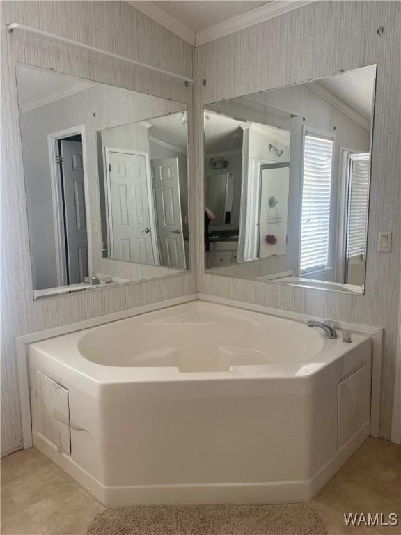 12443 Reed Simpson Rd, Northport, AL 35475 - bathroom featuring crown molding, a bath, wallpapered walls, and tile patterned flooring