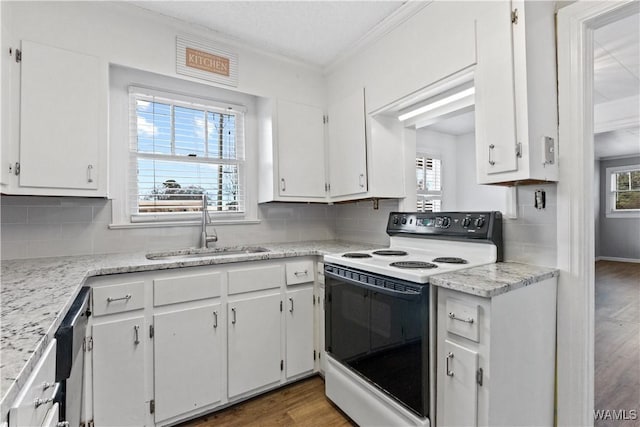 kitchen with crown molding, tasteful backsplash, white cabinetry, a sink, and range with electric cooktop