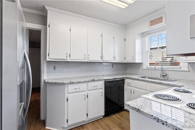 kitchen with black dishwasher, ornamental molding, light wood-style floors, stainless steel refrigerator with ice dispenser, and a sink