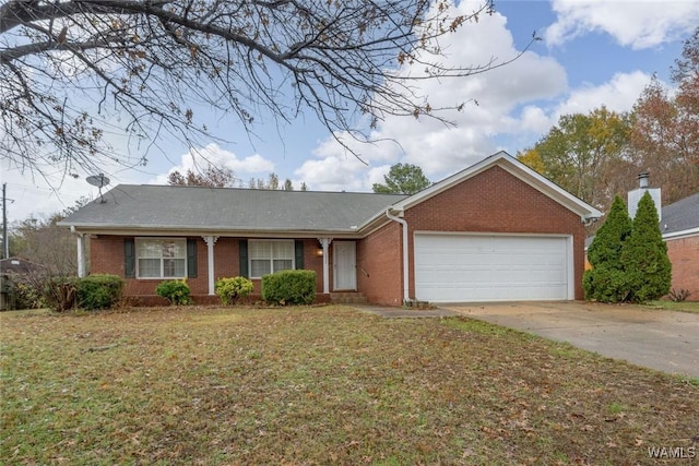 single story home featuring a front yard and a garage