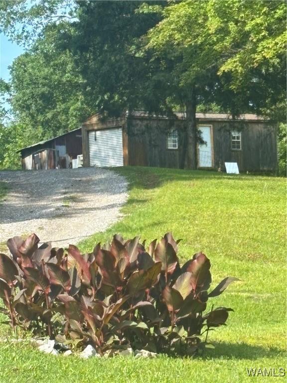 view of green lawn featuring driveway, an outdoor structure, and a detached garage