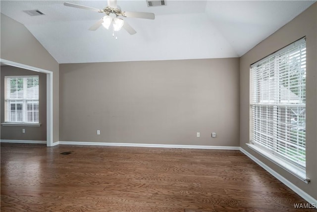 6128 Covington Villas Dr, Tuscaloosa, AL 35405 - unfurnished room with vaulted ceiling, plenty of natural light, ceiling fan, and dark wood finished floors