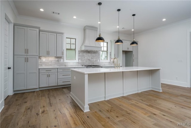 407 Edgefield Mews Cir, Tuscaloosa, AL 35406 - kitchen featuring custom exhaust hood, gray cabinets, ornamental molding, a spacious island, and light wood finished floors