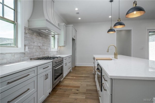 407 Edgefield Mews Cir, Tuscaloosa, AL 35406 - kitchen with appliances with stainless steel finishes, custom exhaust hood, decorative backsplash, wood finished floors, and ornamental molding