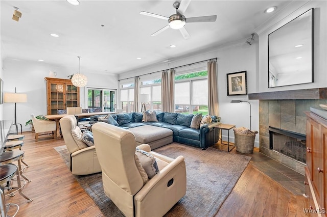 120 Magnolia Cir, Centreville, AL 35042 - living room featuring a fireplace, light wood finished floors, recessed lighting, and a ceiling fan