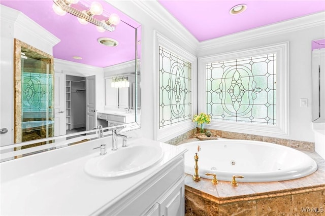 120 Magnolia Cir, Centreville, AL 35042 - bathroom featuring vanity, a jetted tub, crown molding, and a shower stall