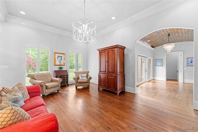 120 Magnolia Cir, Centreville, AL 35042 - living room with a chandelier, wood finished floors, recessed lighting, ornamental molding, and vaulted ceiling