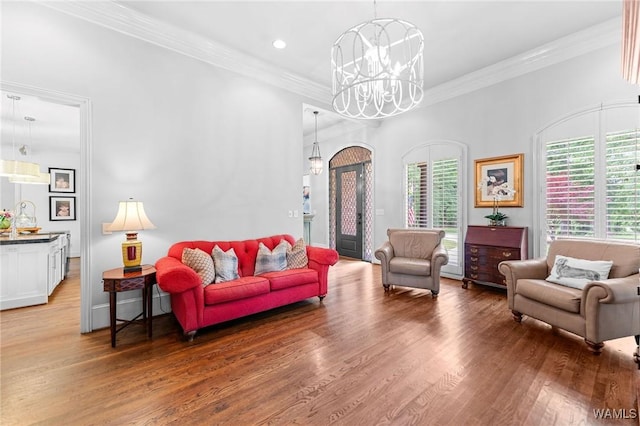 120 Magnolia Cir, Centreville, AL 35042 - living area with a chandelier, wood finished floors, crown molding, and recessed lighting