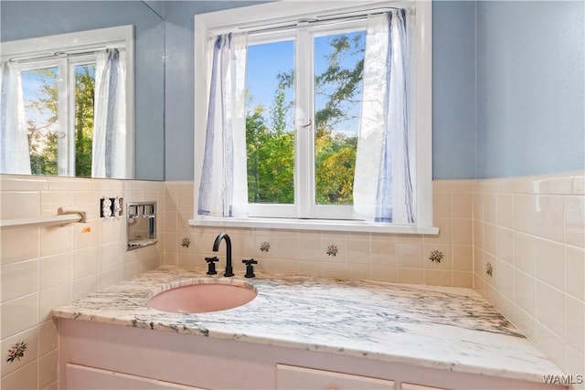 bathroom featuring vanity, plenty of natural light, and tasteful backsplash