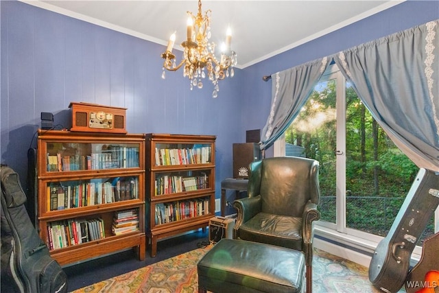living area with ornamental molding and a notable chandelier