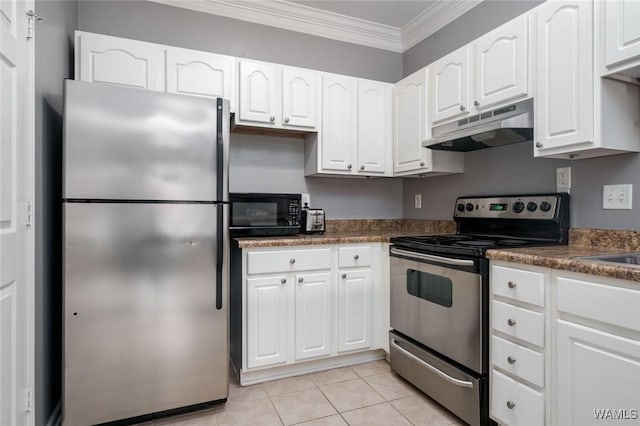 303 Helen Keller Blvd Unit B319, Tuscaloosa, AL 35404 - kitchen with appliances with stainless steel finishes, under cabinet range hood, ornamental molding, dark countertops, and white cabinets