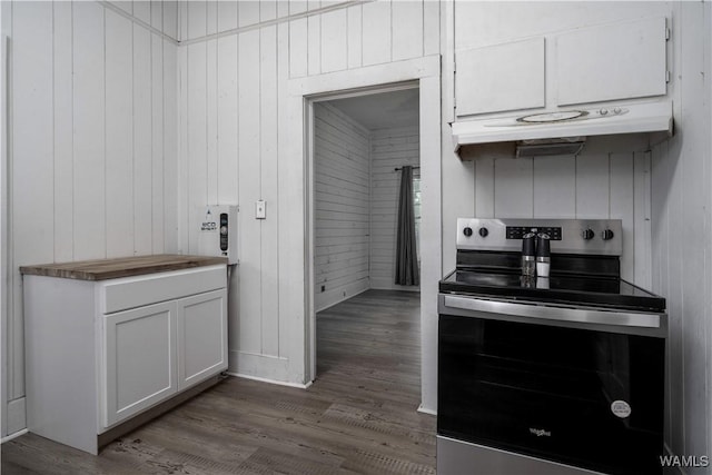 221 3rd Ct SW, Fayette, AL 35555 - kitchen featuring electric stove, white cabinets, wood finished floors, wood walls, and under cabinet range hood