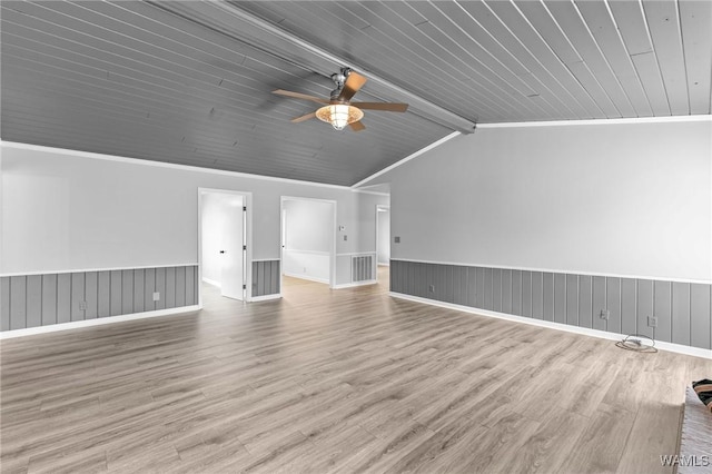 unfurnished living room featuring wainscoting, ceiling fan, wood finished floors, and visible vents