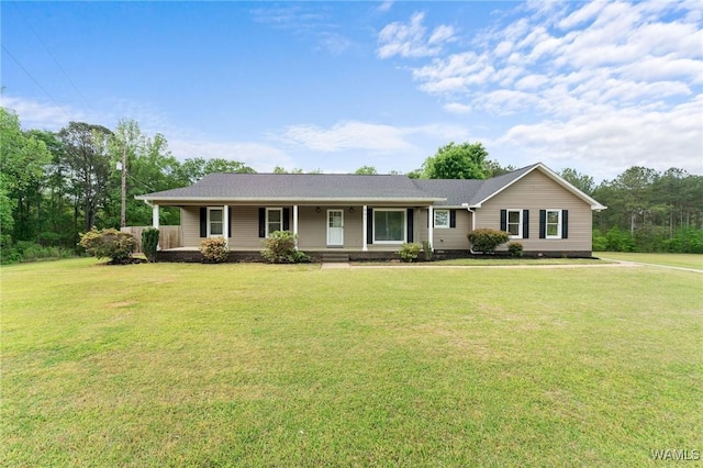 ranch-style house with a porch and a front yard