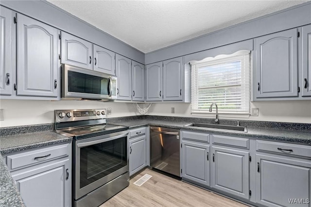 kitchen featuring dark countertops, a sink, a textured ceiling, light wood-style flooring, and appliances with stainless steel finishes