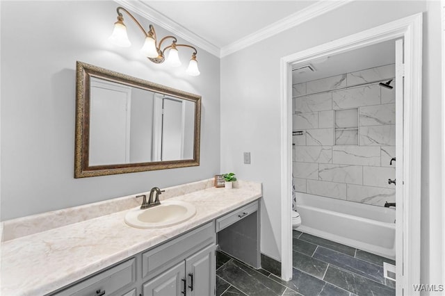 bathroom with crown molding, vanity, baseboards, toilet, and shower / bathtub combination