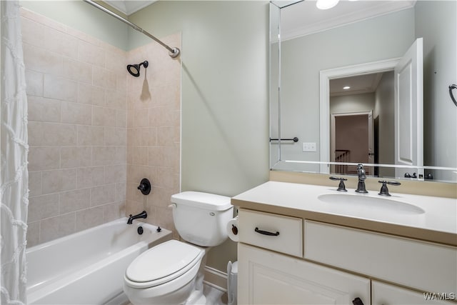 full bathroom featuring shower / bath combo, vanity, toilet, and crown molding