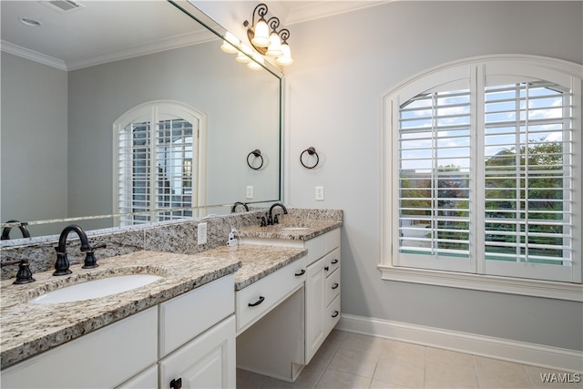 bathroom featuring tile patterned flooring, vanity, and ornamental molding