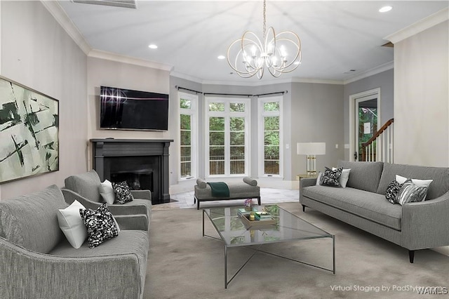 living room with light colored carpet, a chandelier, and ornamental molding