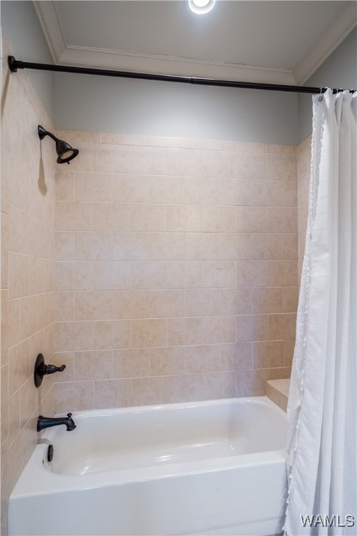 bathroom with shower / tub combo with curtain and crown molding