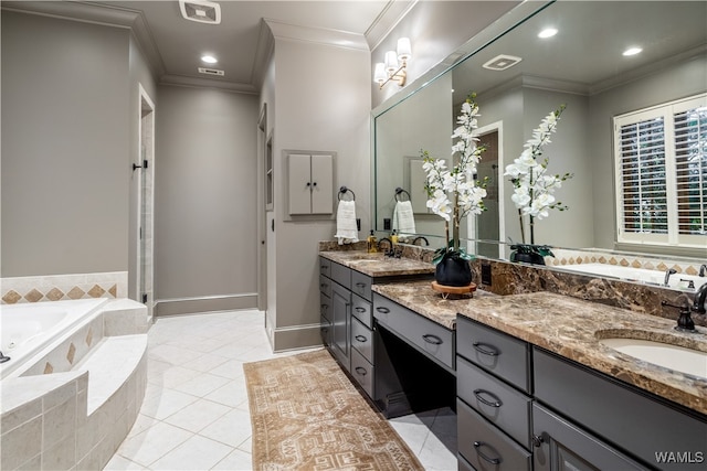 bathroom with vanity, tiled bath, tile patterned floors, and crown molding