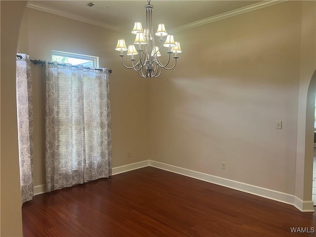 11408 Belle Meade Way, Northport, AL 35475 - empty room featuring arched walkways, a chandelier, dark wood-type flooring, baseboards, and ornamental molding