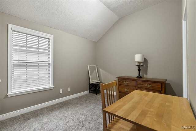 bedroom featuring baseboards, carpet flooring, a textured ceiling, and lofted ceiling