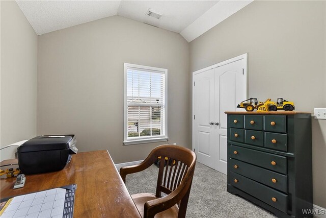 carpeted office space with visible vents, lofted ceiling, and baseboards