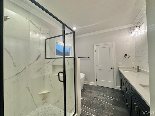 bathroom with shower with separate bathtub, vanity, and ornamental molding