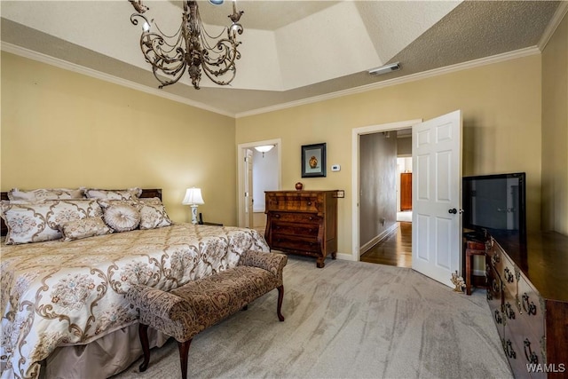 bedroom featuring carpet, baseboards, visible vents, ornamental molding, and a notable chandelier