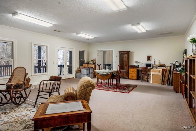 carpeted office space featuring french doors, a textured ceiling, and crown molding