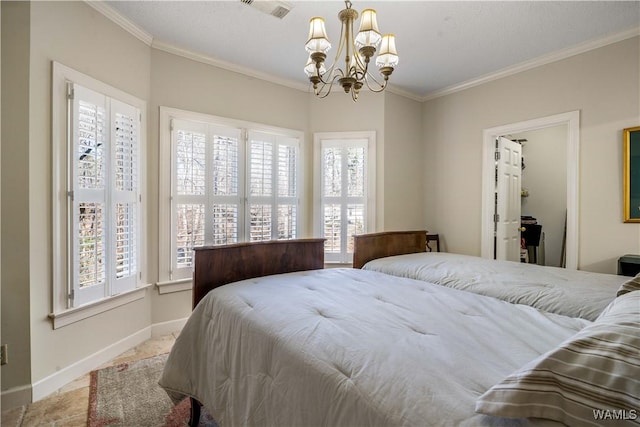 bedroom with crown molding, baseboards, visible vents, and a chandelier