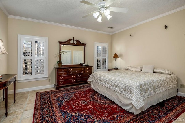 bedroom with a ceiling fan, baseboards, visible vents, a textured ceiling, and crown molding