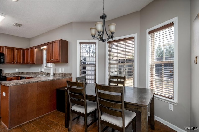 dining room featuring visible vents, plenty of natural light, and dark wood-type flooring